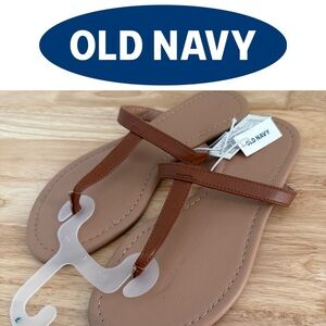 Old Navy Faux-Leather T-Strap Sandals Size 7 Women's Tan With Brown Strap NWT
